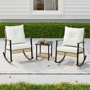Rocking Chair Set 3 Pcs Outdoor New Steel Furniture Beige Cushion & Coffee Table - Picture 1 of 6