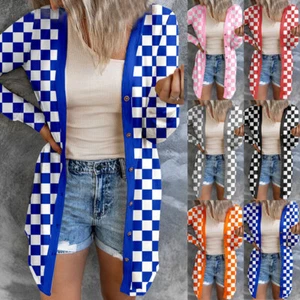 Womens Long Sleeve Jumper CHECK Knitted Casual Button Up Cardigan Coat Plus Size - Picture 1 of 24