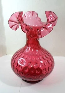 Vintage FENTON CRANBERRY RUFFLE TOP VASE Coin Dot Pattern Crimped Glass 8" Tall - Picture 1 of 6