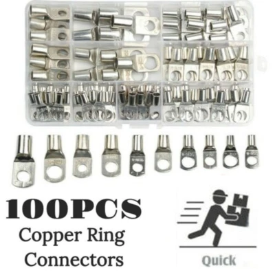 100PCS Electrical Cable Lugs Battery Copper Ring Terminals Wire Crimp Connectors - Image 1 of 4