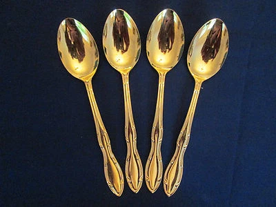 ¡JUEGO 4 CUCHARAS DE TÉ! Vintage CONTINENTAL inoxidable: Electroplaca de oro: ¡excelente! Foto 1 de 4