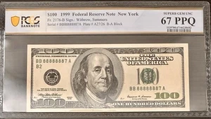 1999 $100 Federal Reserve Note New York 67EPQ Near Solid Serial Number 88888887 - Picture 1 of 2