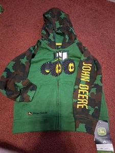 John Deere Boys Size 4 Full Zip Hoodie Spell Out On Camo Sleeve Tractor Farm - Picture 1 of 2