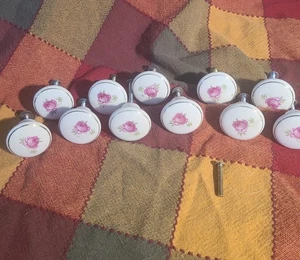 Ceramic Porcelain Set 11 White Pink Rose Flower Round Drawer Knob Vintage Screws - Picture 1 of 10