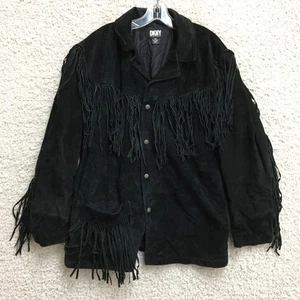 Chaqueta DE COLECCIÓN DKNY Mediana Adulto Cuero Negro Flecos Western Años 80 Mujer M - Imagen 1 de 8