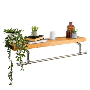Tee Clothes Rail With Solid Wooden Shelf | Industrial Chrome Style - Picture 1 of 9