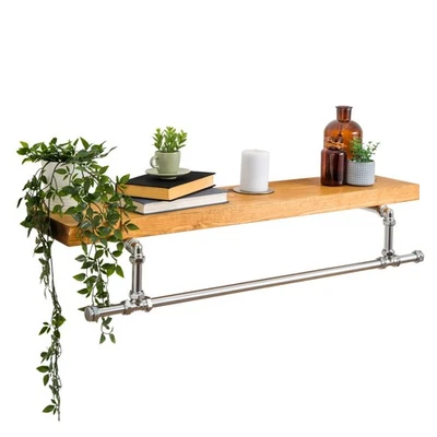 Tee Clothes Rail With Solid Wooden Shelf | Industrial Chrome Style - Image 1 of 4