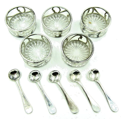 Set of 5 Alvin Art Nouveau Salt Cellars with Spoons  -  Sterling  -  NO MONO Cover