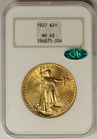 1927 Saint Gaudens Double Eagle Gold $20 MS 63 NGC CAC Approved Old Fatty Holder Cover
