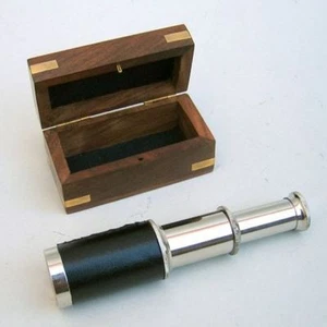 6" BRASS TELESCOPE IN WOODEN BOX CHROME ~ MARITIME~ PIRATE ~ HANDHELD SPYGLASS - Picture 1 of 1