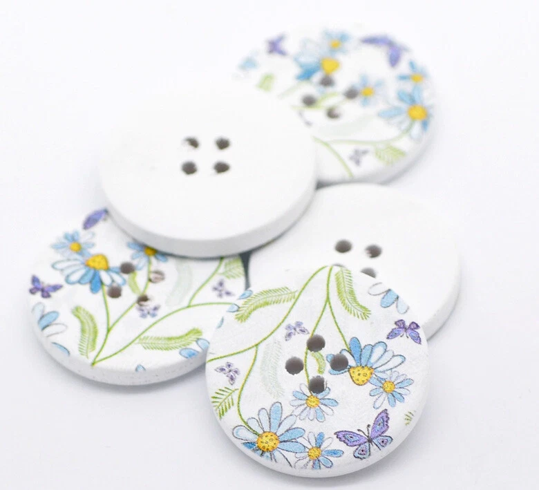 Pack of 10 Purple and Blue Flower & Butterflies Design Wooden Buttons 30mm - Image 1 of 2