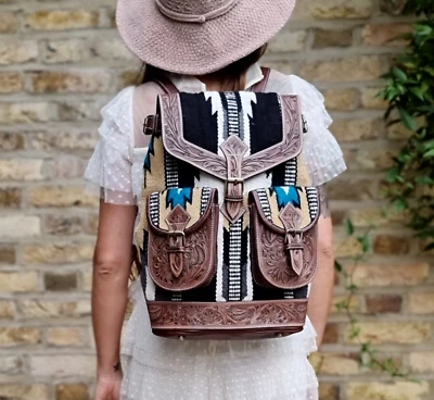 Aztec Large TOOLED LEATHER BAG Backpack boho Western vintage Carpet kilim Hippie - Image 1 of 4