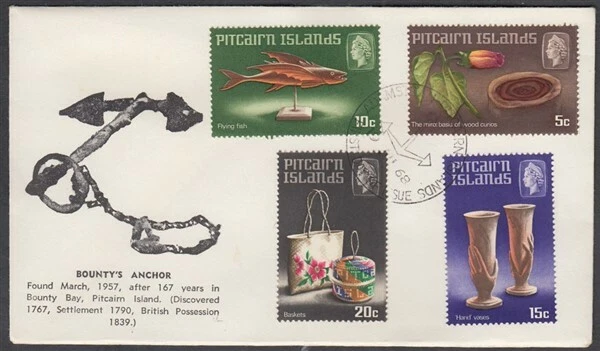 PITCAIRN IS 1968 HANDCRAFTS FDC SET 4 STAMPS BOUNTY’S ANCHOR CACHET (PI119) - Image 1 of 1