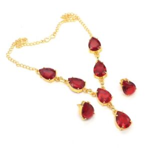Simulated Garnet Quartz Gemstone Gold Plated Earring Necklace Jewelry Set e614