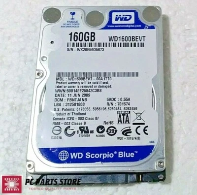 Western Digital 160GB 2.5 WD1600BEVT-00A1TT0 2061-701574-E00 AA FOR PARTS/REPAIR - Image 1 of 4