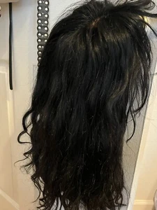 Jet Black 14 in. Wavy Human Hair Wig Silk Top Cap Size S Realistic Scalp Natural - Picture 1 of 5