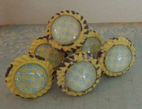 6 YELLOW & BLUE Shabby Chic Drawer/Cabinet Pulls Knobs 1.75" Distressed Metal Cover