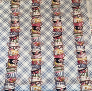 2 yds Stacked TEA CUP PLAID Daisy Kingdom Fabric HIGH TEA teacup Vintage blue - Picture 1 of 3