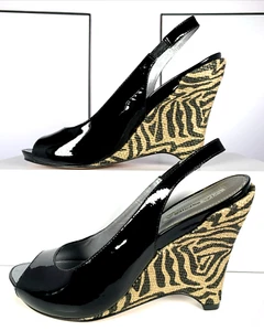 Via Spiga Womens Black Patent Leather Peep Toe Zebra Print Wedge Sandal 8.5 $198 - Picture 1 of 21