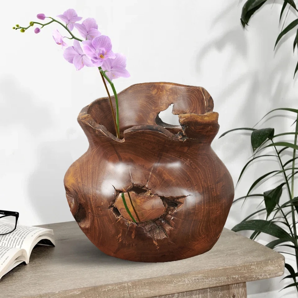 Natural Teak Root Shallow Bowl Vase 9.8'' Hand-Carved Wooden Modern Farmhouse - Image 1 of 4