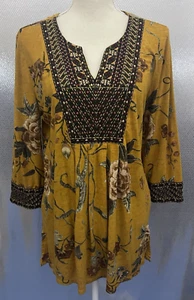 Soft Surroundings Top Womens Sz M Mustard Yellow Floral Embroidered Etana Tunic - Bild 1 von 5