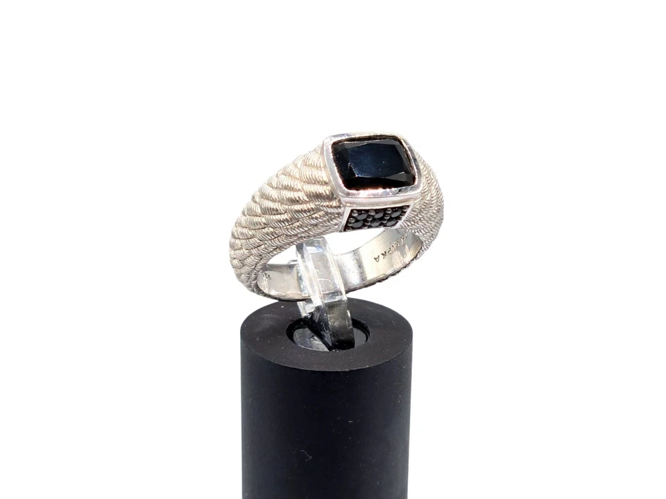 Anillo Judith Ripka Plata de Ley 925 Ónix y Espinela Negra Banda Texturizada Talla 8 Foto 1 de 4