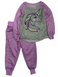 Girls Purple Unicorn Pajamas Sweatshirt & Heart Pants Sleep Set - Picture 1 of 1