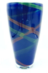 Jarrón de vidrio azul alto vintage Soholm Danmark con detalles de cinta cruzada PESADO - Imagen 1 de 8