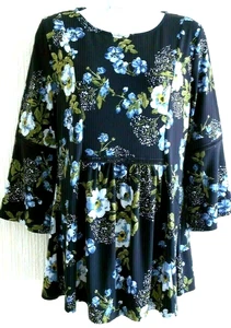 Nina Leonard Floral print Bell Sleeve Tunic-Top- Black - Med-14 - Picture 1 of 4