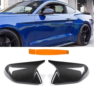 2x For 2015-2022 Ford Mustang M Horn Rearview Side Mirror Cover Cap Carbon Fiber - Picture 1 of 16