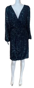TFNC London Saro Green/Navy Sequin Knee Length Semi Wrap Dress Size 26 - Picture 1 of 13