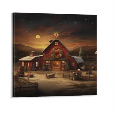 Vintage Farmhouse Country Christmas Holiday Barn Horses Canvas Print 16 x 16 NEW - Image 1 of 3