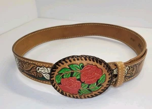 Justin Top Grain Cowhide Tooled Belt Western Rodeo w/Floral Buckle Size 34 861 A - Picture 1 of 13