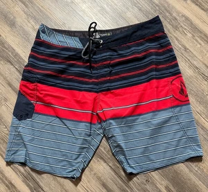 Volcom Board Shorts Striped Red Black Gray Mod Tech Drawstring Swim Men's 38 - Picture 1 of 8
