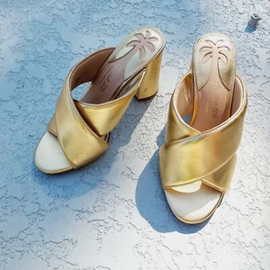 Sz 8 | Antonio Melani X Nat Note Gold Catalonia Heel Sandals Shoes Leather - Picture 1 of 5