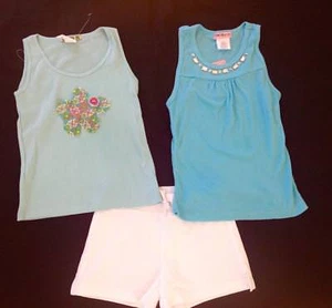 Girl 3ps summer set Little Mass turquoise blue tank top tops white shorts 5 6 - Picture 1 of 6