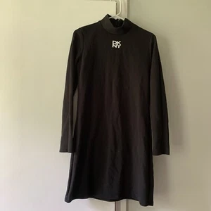 DKNY Dress Womens Medium Black Spell Out White Zip Mock Neck Turtleneck Cotton - Picture 1 of 6