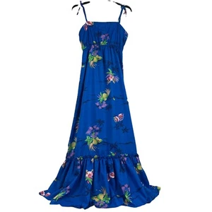 Hilo Hattie Womens Hawaiian Maxi Dress Blue Floral Tie Straps Vintage Small - Picture 1 of 8