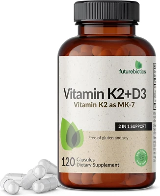 Futurebiotics Vitamina K2 + D3, 5000UI Vitamina D3, 90Mcg Vitamina K2 MK-7 Cápsulas - Imagem 1 de 4