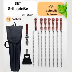 Juego de 6 brochetas de kebab para barbacoa barbacoa 3 mm acero inoxidable mango de madera Шампур Шашлык - Imagen 1 de 4