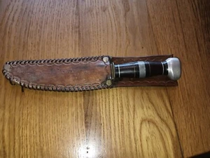 VTG 1940s WWII ERA THEATER FIGHTING KNIFE LEATHER SHEATH MILITARY FIXED BLADE - Picture 1 of 15