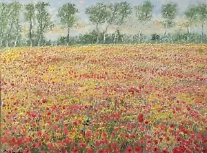 A meadow of spring flowers and poppies Michele Cascella Olio su Tela Opera Unica - Foto 1 di 1