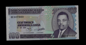 BURUNDI ( 1 ) BANK  NOTE  100 FRANCS  1 . 8 . 2001 P 37 D CRISP UNCIRCULATED - Picture 1 of 2