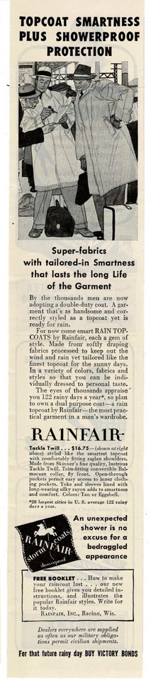 Impermeable Rainfair 1945 Topcoat para hombre Segunda Guerra Mundial Comprar bonos de guerra Anuncio impreso vintage 2 Foto 1 de 1