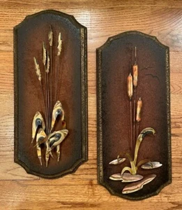 Vintage Mid-Century Modern Wood Wall Plaques Brass Metal Wheat Cattails Set Of 2 - Picture 1 of 12