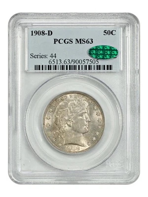 Medio dólar de peluquero 1908-D 50C graduación profesional/cac ms63 Foto 1 de 4