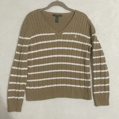 Lauren Ralph Lauren 电缆针织 V 领棕褐色和白色条纹标志毛衣,L 码 — 第 1/4 张图片