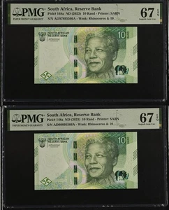 South Africa set 2 10 Rand ND 2023 P 148 Near Matching Superb Gem UNC PMG 67 EPQ - Picture 1 of 4
