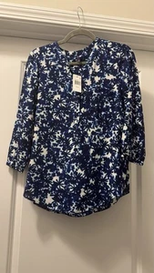 NYDJ Mujer XSmall Azul Blanco Jersey Blusa Pin Tucks Nuevo Con Etiquetas - Imagen 1 de 7