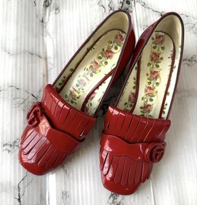 GUCCI Pumps Heel GG Marmont Fringe Leather Red EU36.5/US6.5 82640c - Picture 1 of 24